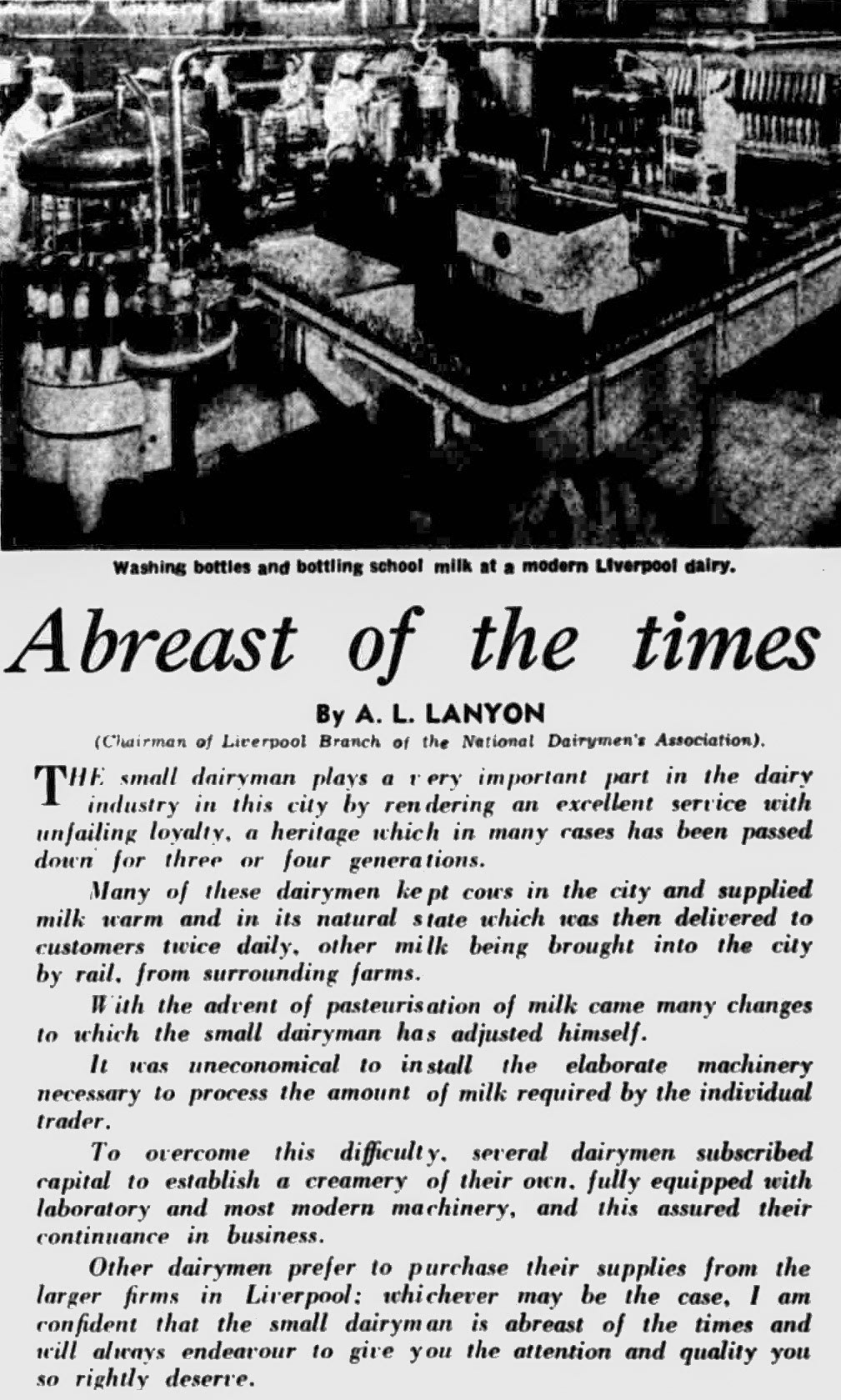 1959 National Dairyman's Association article about supply to bottled milk buyers in Liverpool. (Courtesy Liverpool Echo 28-05)