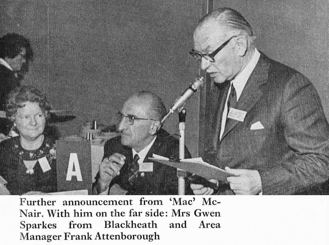 1973 'Mac' McNair speaking, with Mrs Gwen Sparkes from Blackheath, and Area Manager Frank Attenborough. (Express News Spring)