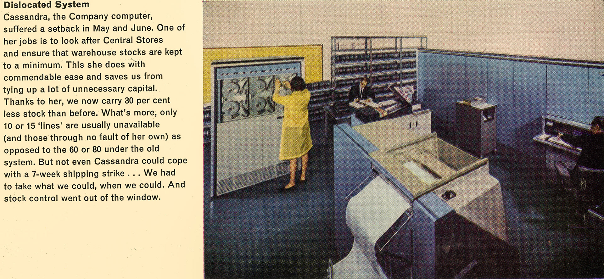 1966 'Cassandra' Central Stores computer working overtime to cope with a 7-week shipping strike. (Express News Summer 1966)