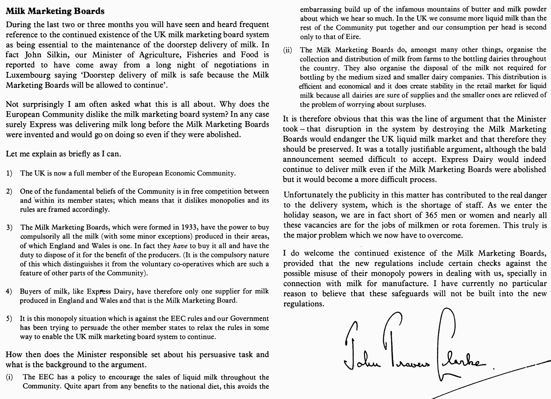 1978 John Travers Clarke writes about the possible threat to the MMB of joining the European Community. (Express News Summer)