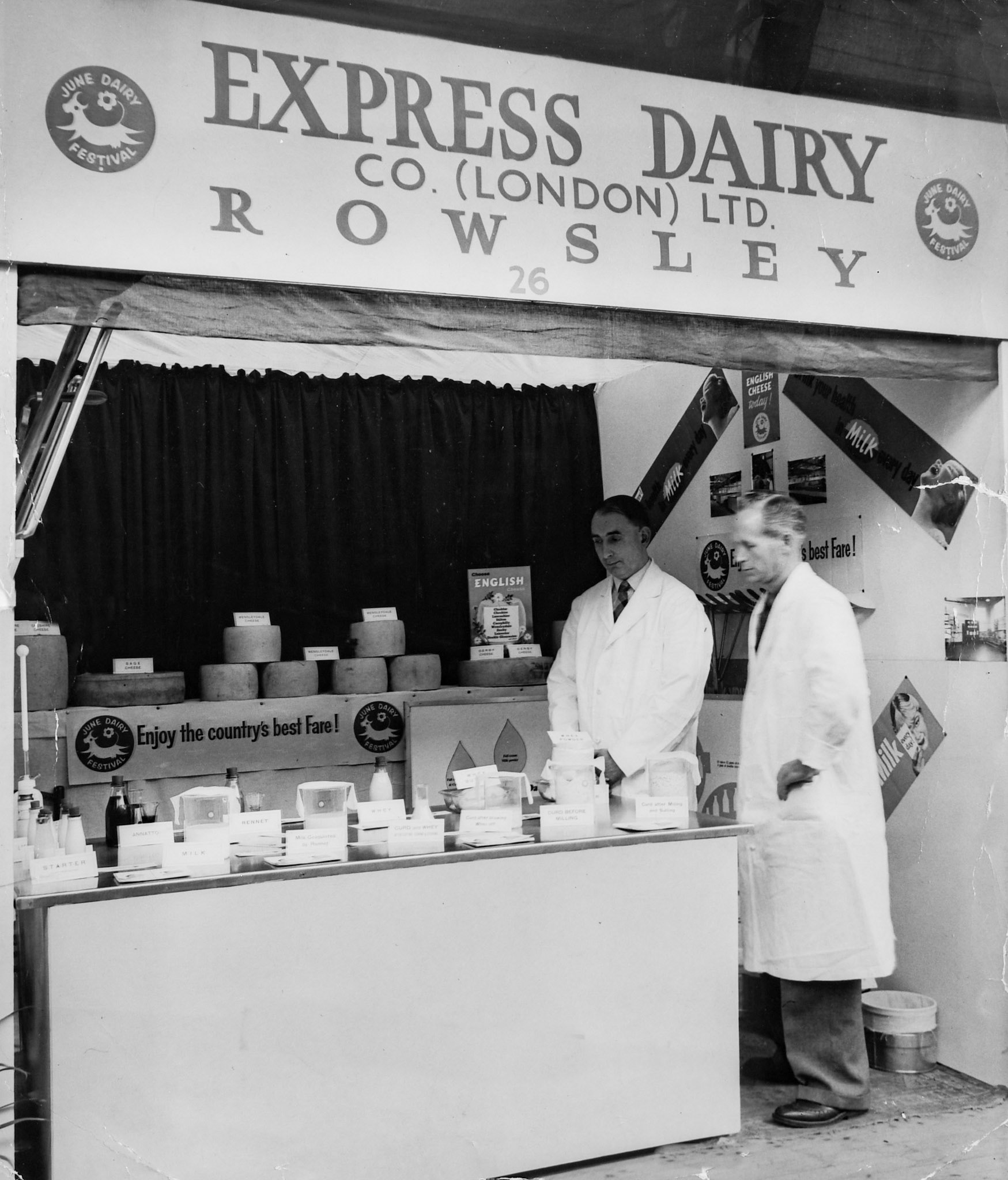 1950's Rowsley stand at the June Dairy Festival, London. (Courtesy Derbyshire Record Office, donated in March 1985; they had previously belonged to the donor's father, who was an electrical engineer with the dairy.)