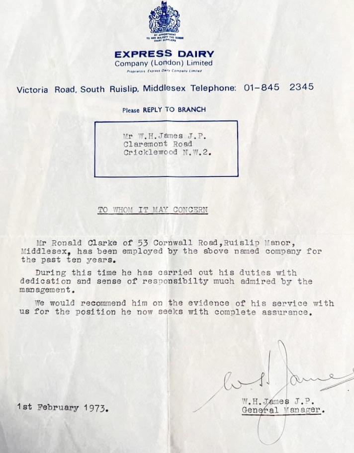 1973 Letter of recommendation for South Ruislip's Pasteuriser Ron 'Nobby' Clarke was was emigrating to Australia with his family. (Courtesy of his daughter)