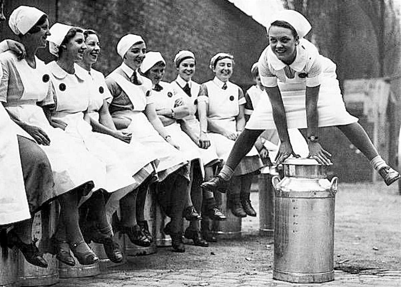 1937 Dairy maids practising their skills for the Dairy Show at Olympia. (Courtesy Clive Brett, Old London Photos FB Group)