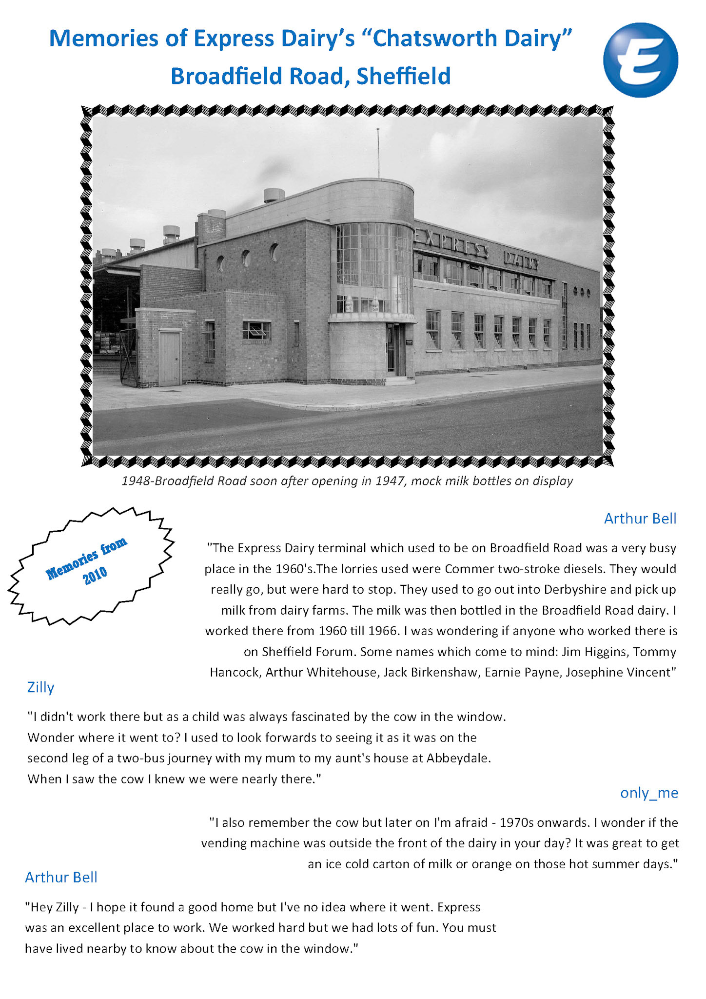 2025 Compilation of Chatsworth Dairy, Broadfield Road, memories. Express Dairy Tales publication.