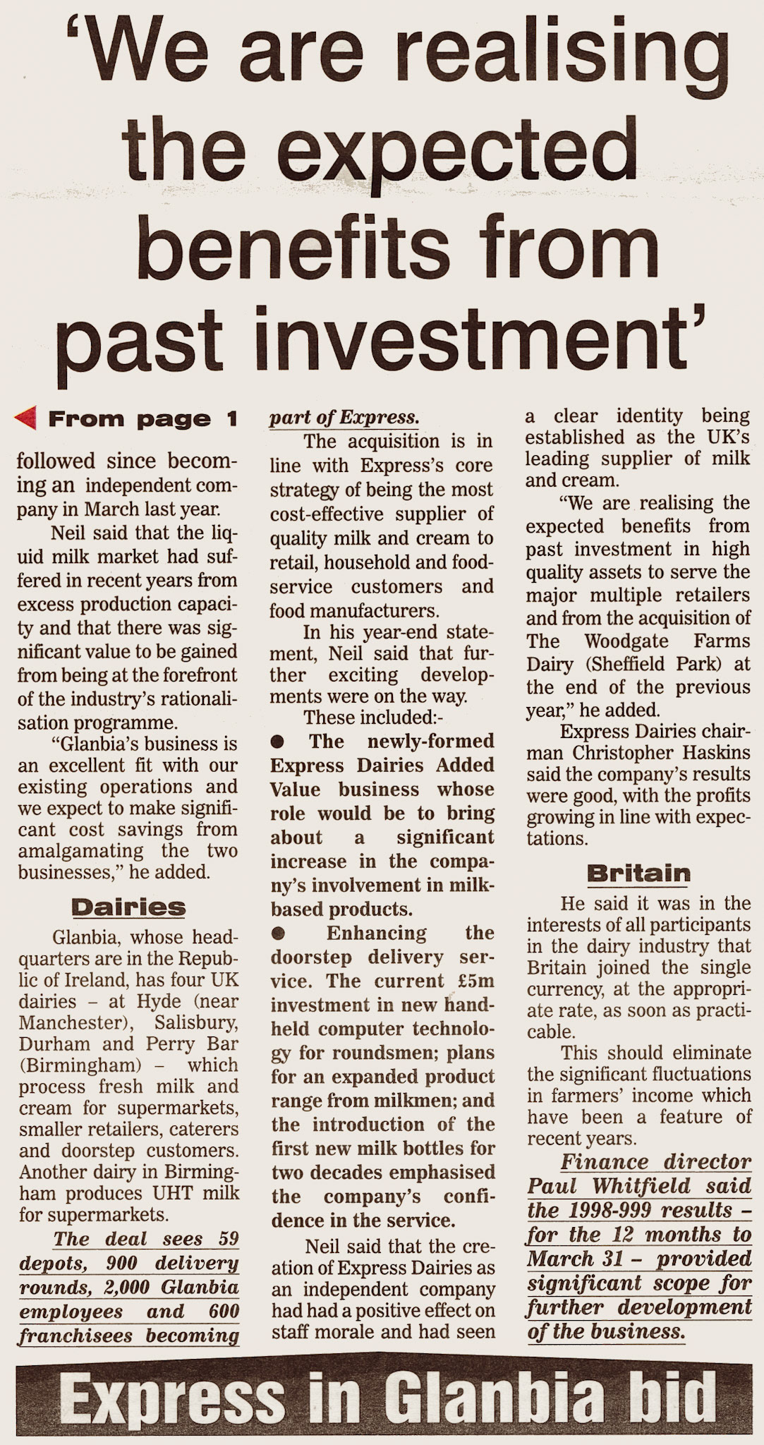 1999 Neil Davidson reports financial results, and proposed Glanbia takeover. June 1999 Express News. (Courtesy Michael Aldread)