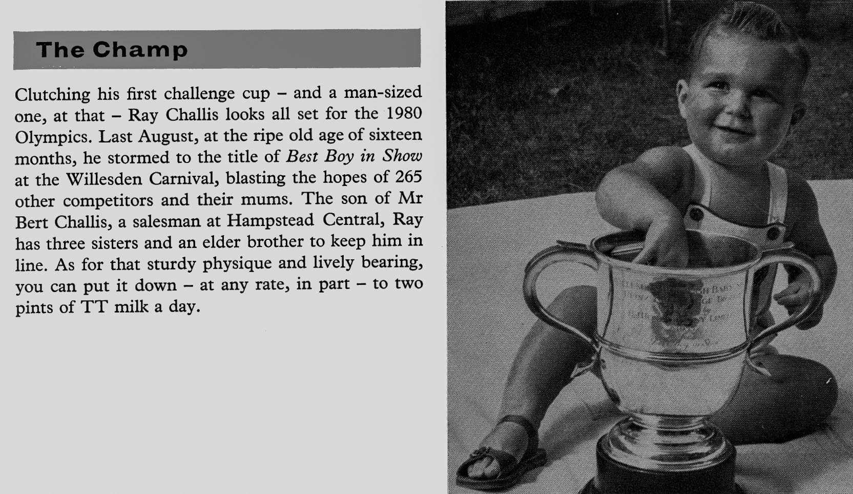 1960 Ray Challis, 16 months, son of Hampstead Central milkman Bert Challis wins a prize at the Willesden Carnival. (Express News Autumn)