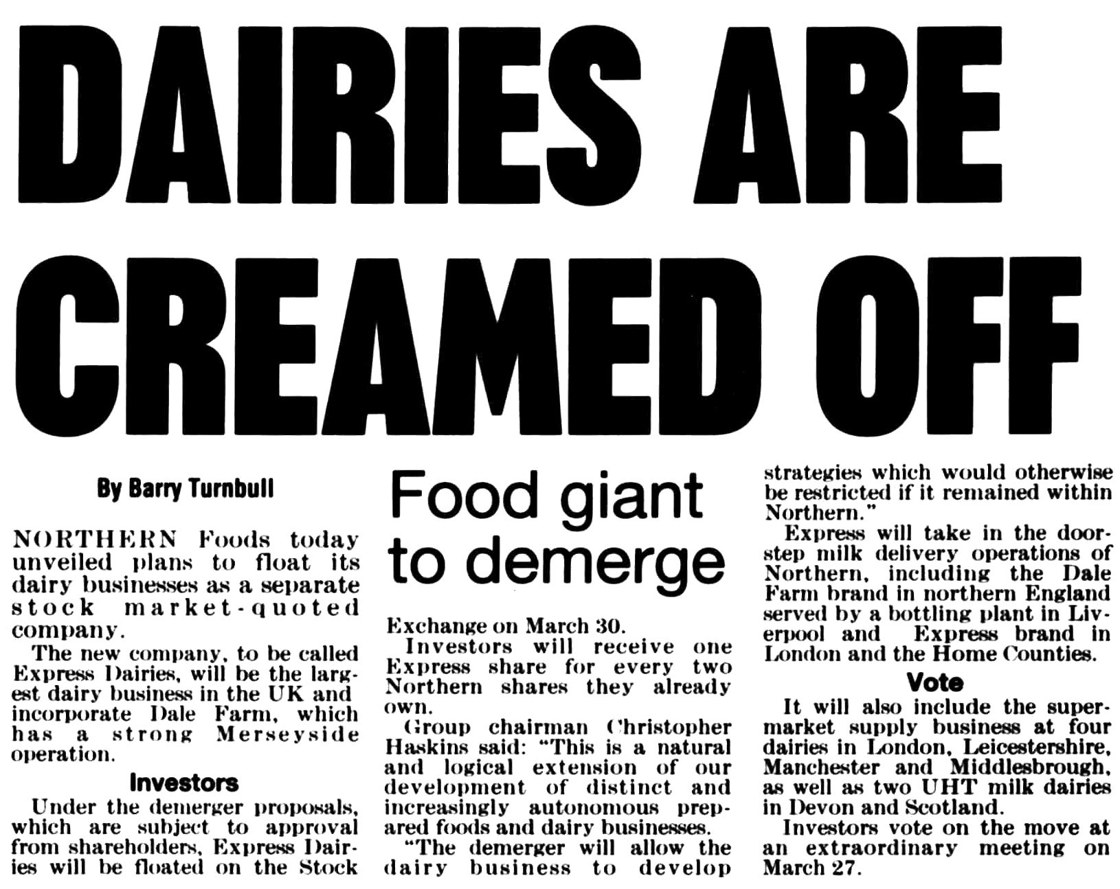 1998 Northern Foods explain the demerger of its dairy business into the new Express Dairies Company, also including Dale Farm. Liverpool Echo, 26 January. (Courtesy of THE BRITISH LIBRARY BOARD)