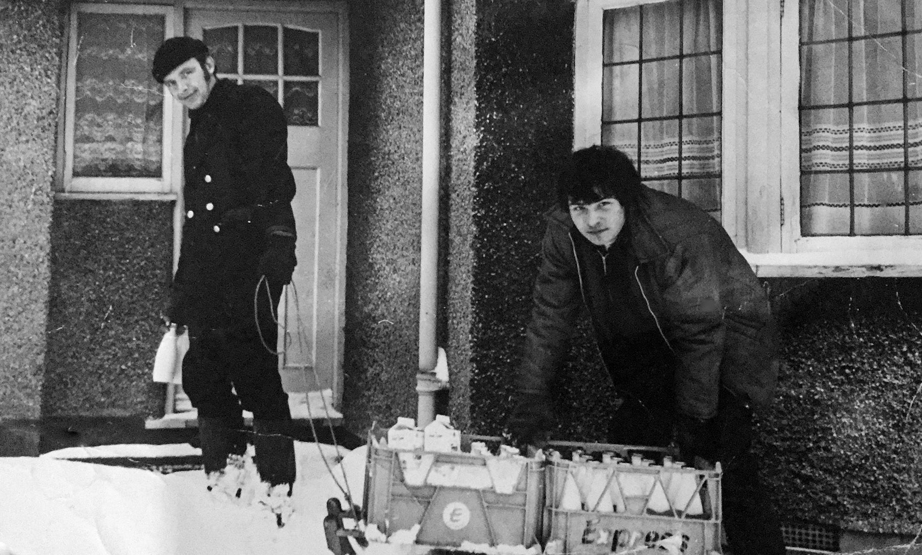 1963 Petts Wood. Gary Sawyer explains "My Dad Bill Sawyer (left) and Robert Gillespie (right)". My grandad Arthur 'John' Hickley, and my dad both worked at the Express dairy in Orpington. In earlier days they both worked out of a yard in Petts Wood (my dad at 22 Station Square and my grandad at 103 Queensway, or vice-versa). (Courtesy Gary Sawyer)