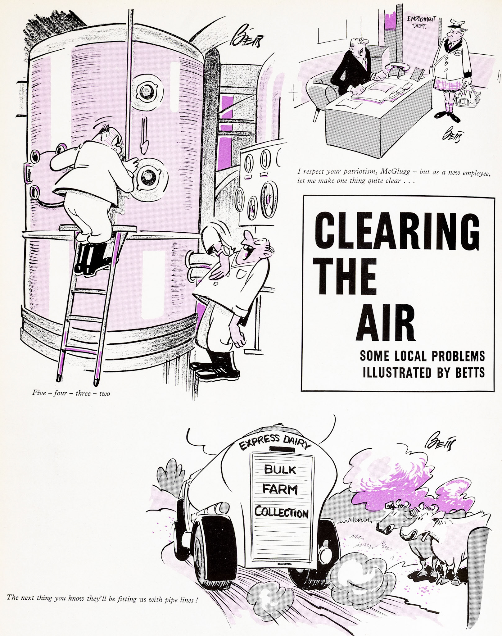 1961 'Clearing the Air'-dairy problems illustrated by Betts in his latest cartoon. (Express News Autumn)