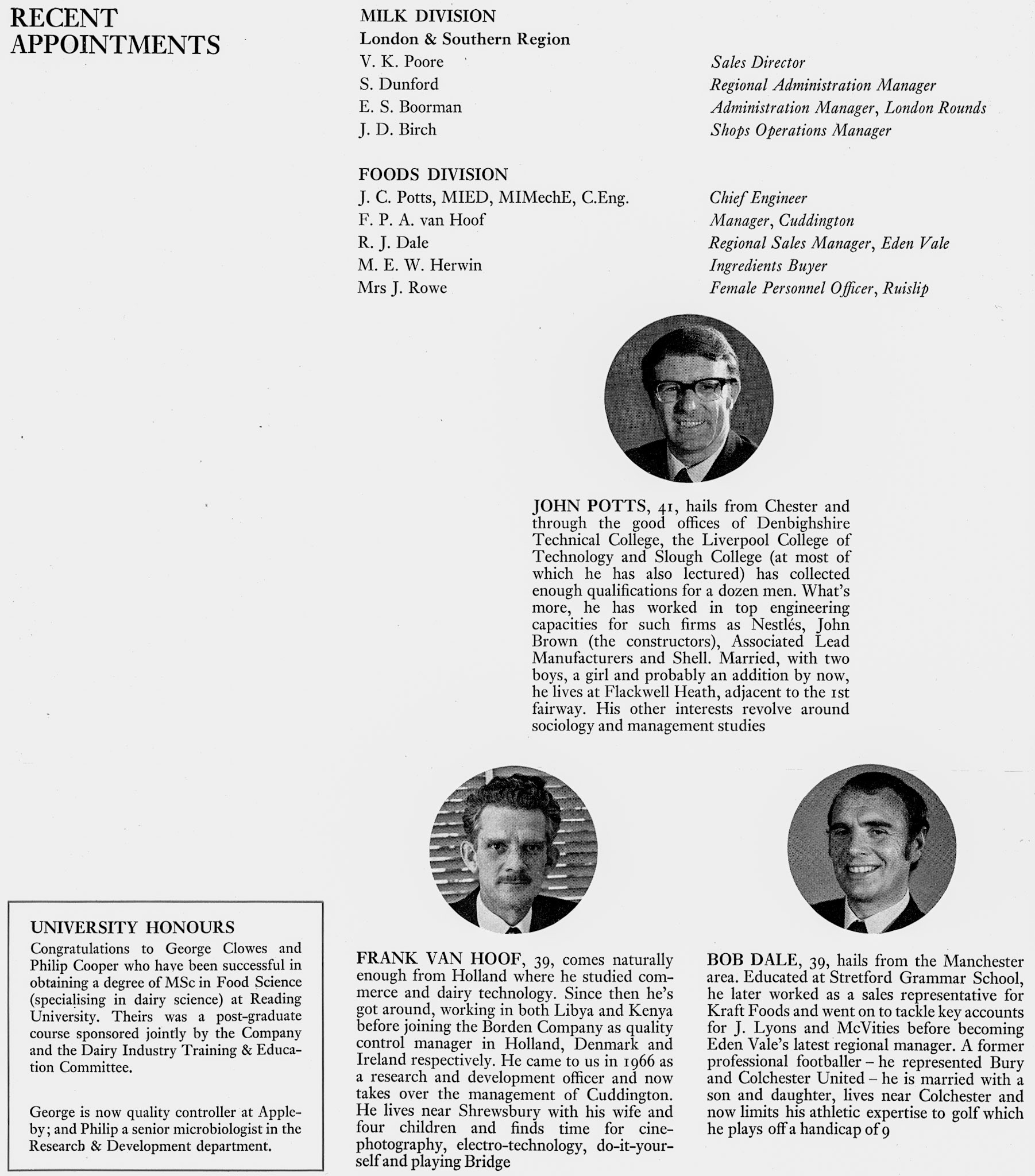 1971 Recent Appointments feature John Potts, Frank Van Hoof and Bob Dale, with University Honours to George Clowes and Philip Cooper. (Express News Christmas)