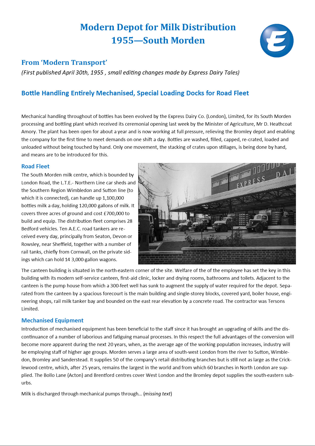 1955 South Morden-'Modern Depot for Milk Distribution' Page 1 from 'Modern Transport'. (Recreated by Express Dairy Tales)