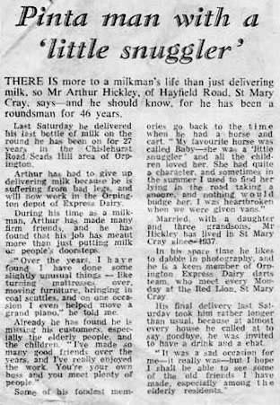 1973 Orpington. Gary Sawyer comments "Article about my grandfather's retirement from the milk round but he carried on working in the milk yard in Orpington for some years after and then became a the caretaker at Boots in Orpington. From there he went on to deliver oxygen &amp; medication to housebound people in the local area, right up until his health didn’t allow him to carry on". My grandad and my dad Bill Sawyer both worked at the Express dairy in Orpington. In earlier days they both worked out of a yard in Petts Wood (my dad at 22 Station Square and my grandad at 103 Queensway, or vice-versa).(Courtesy Gary Sawyer)