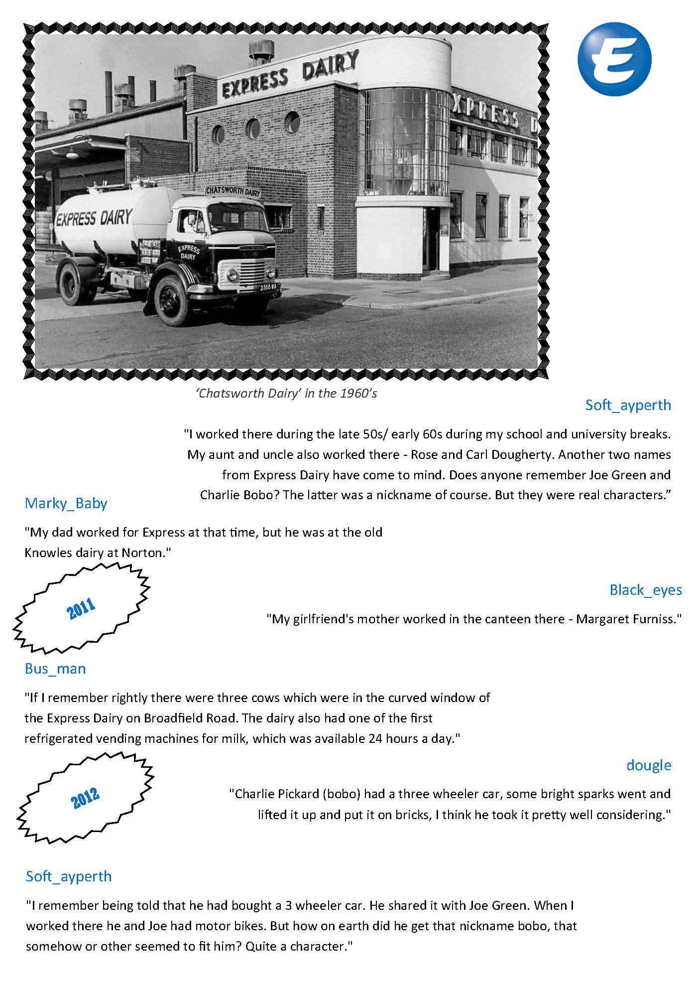 2025 Compilation of Chatsworth Dairy, Broadfield Road, memories. Express Dairy Tales publication.