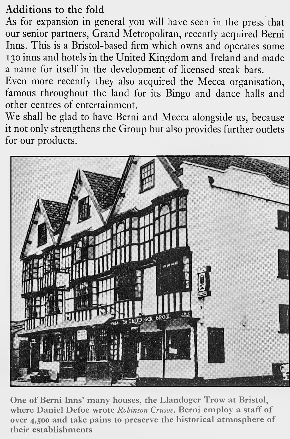 1970 Grand Metropolitan (described as 'one of our senior partners'!) had acquired Berni Inns and Mecca Entertainments. (Express News Autumn)