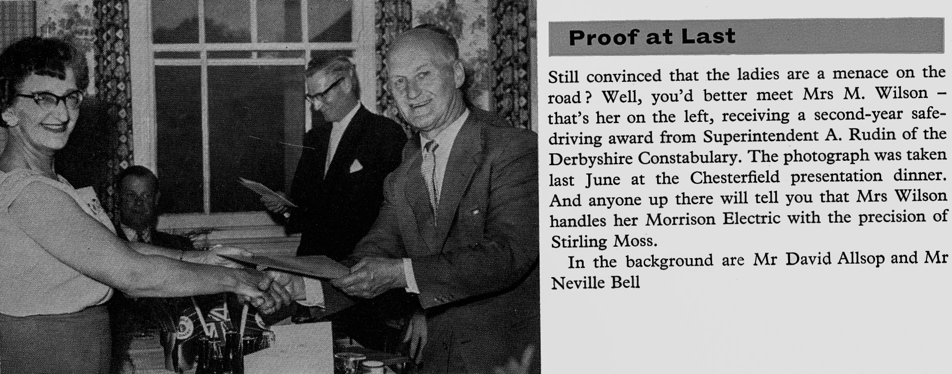 1960 Chesterfield milk lady Mrs M. Wilson wins a second safe driving award. (Express News Autumn)