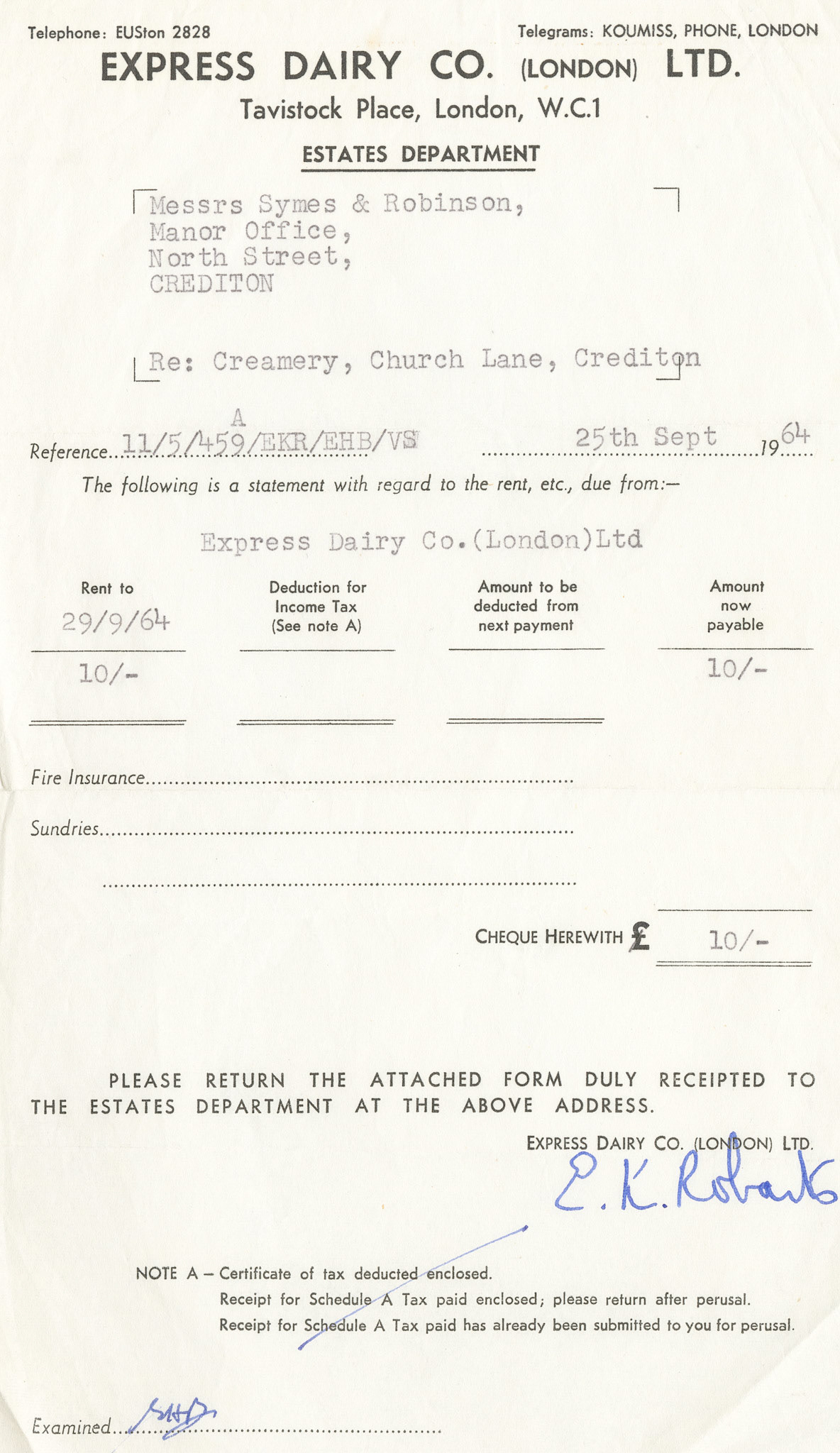 1964 Annual Rent Payment 10 shillings (50 pence) / year (Courtesy Crediton Museum)