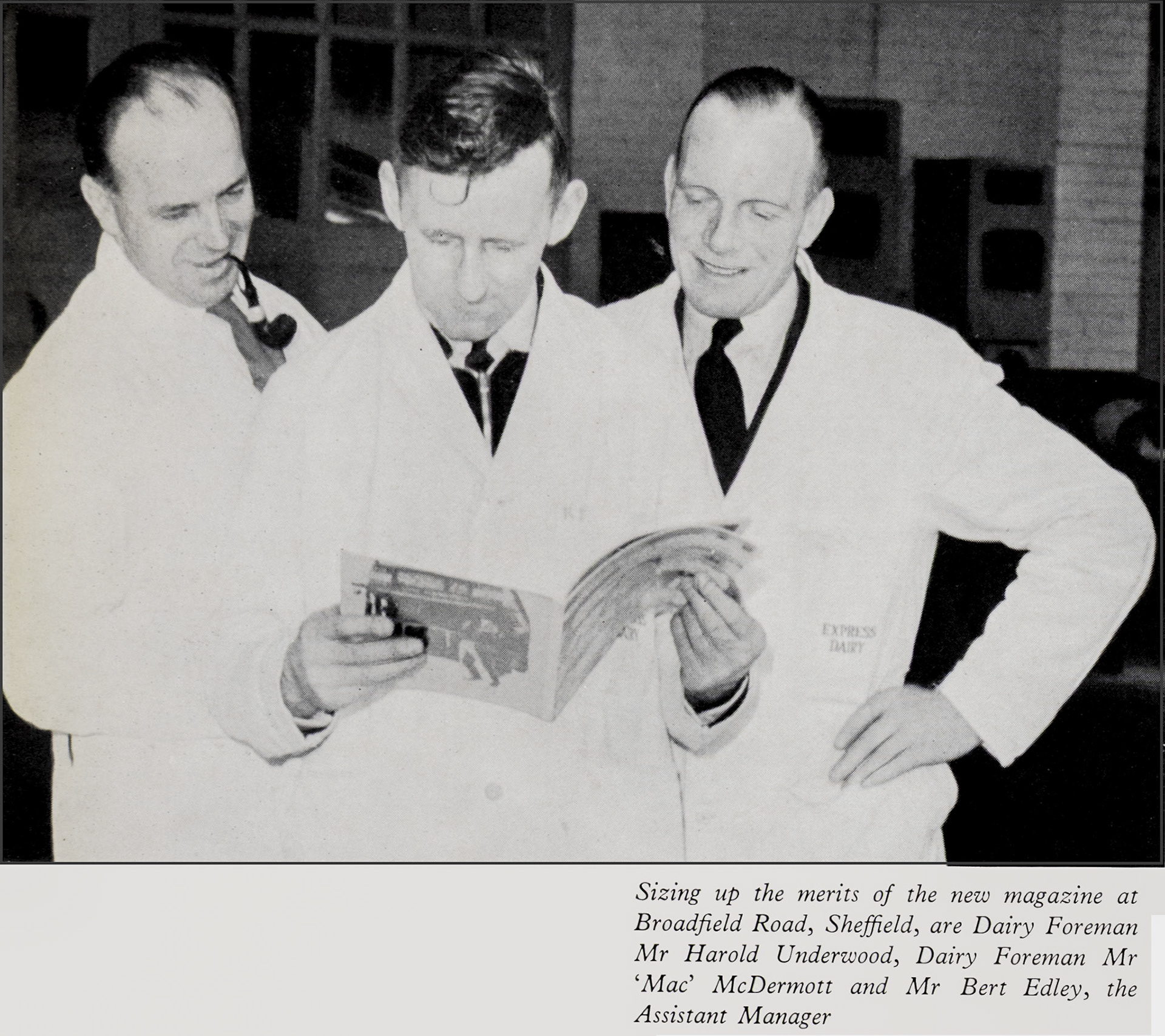 1961 Broadfield Road, Sheffield Dairy Foremen Harold Underwood and Mr 'Mac' McDermott, with Assistant Manager Mr Bert Edley. (Express News Autumn)