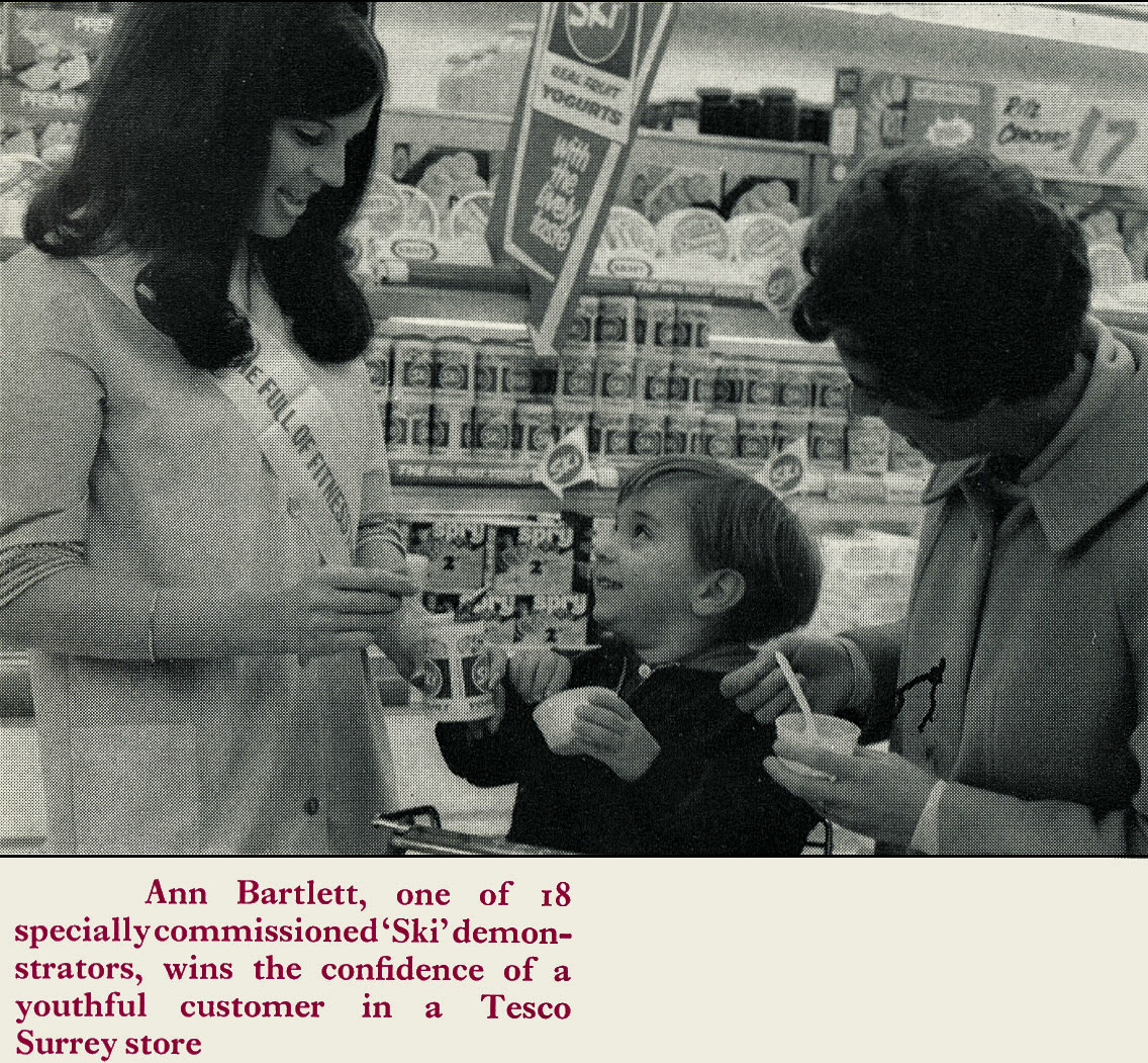 1969 Ski launch in a Surrey Tesco store, with Ann Bartlett as 'Ski Demonstrator'. (Christmas Express News)