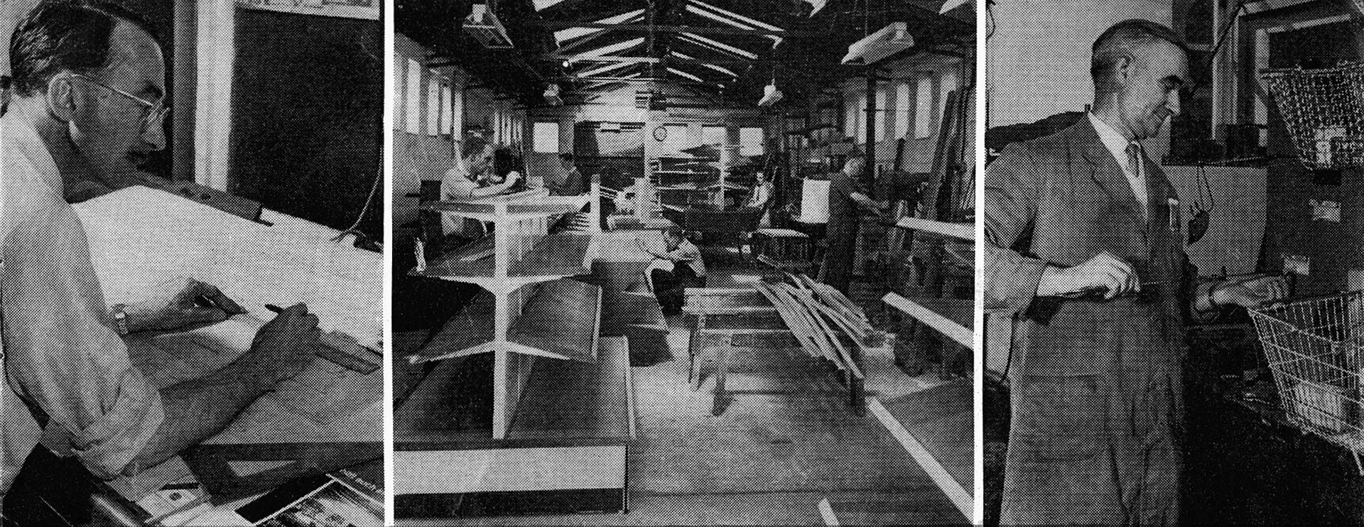 1958 LEFT-Design Draughtsman Mr C. P. Hall plots the interior layout of a new self-service store. CENTRE-Display gondolas receive attention in the Shop Fitting Department. RIGHT-Mr N. W. 'Ted' Taylor, who is given a free hand with the Experimental section, joined T. H. Lewis as a blacksmith's striker in 1918. (From Express News 1958-September)