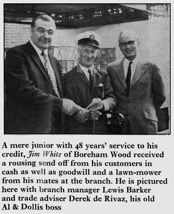 1974 Jim White of Borehamwood retires after 48 years, with Lewis Barker and Derek de Rivaz, ex A1 Dairies boss. (Express News Spring)