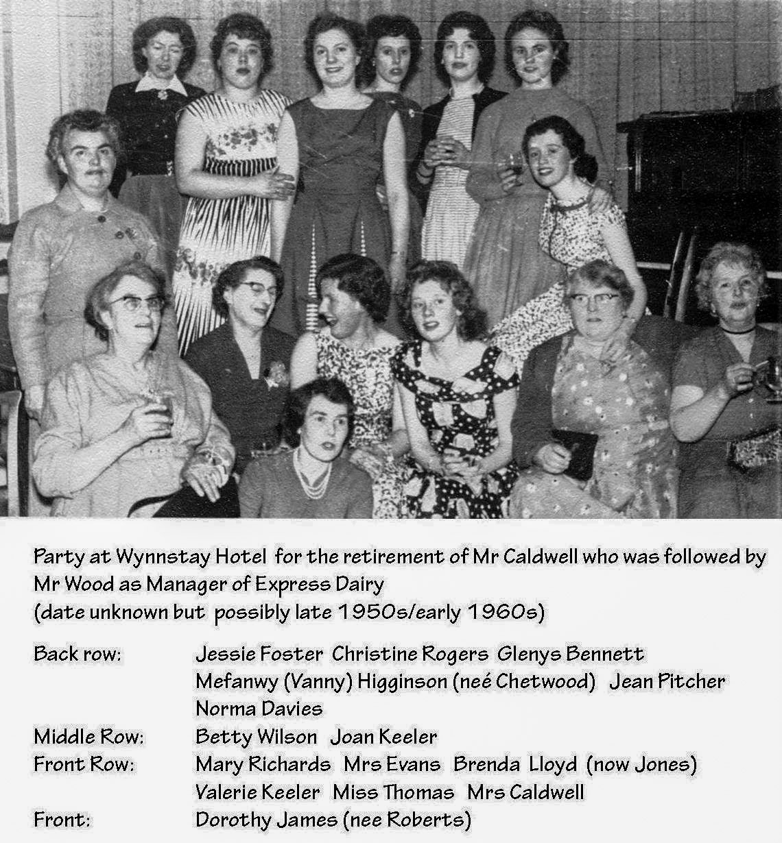 1959 Val Lythe explains "This photo was taken in the Wynstay Hotel, Oswestry. It was the retirement party for Mr Caldwell, manager. l am Valerie Keeler (second row), my sister Joan presented him with flowers. Lovely to see the friends l worked with." (Courtesy Margaret Lycett and Dorothy James (neé Roberts), Ruyton Revisited FB Group)