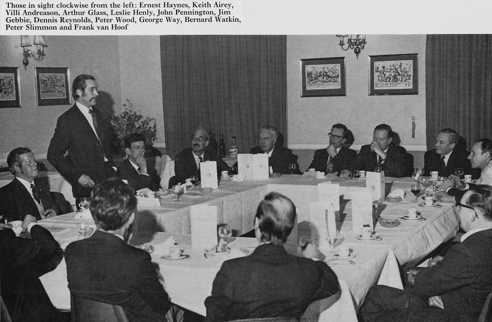 1974 Ernest Haynes, Keith Airey, Villi Andreason, Arthur Glass, Leslie Henly, John Pennington, Jim Gebbie, Dennis Reynolds, Peter Wood, George Way, Bernard Watkin, Peter Slimmon and Frank van Hoof. Manor Hotel, Yeovil 27th March. (Express News Summer)