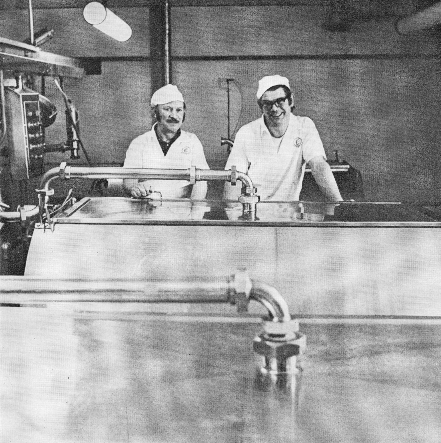 1975 Minsterley Cottage Cheese production with Ralph Swancott and Wallace Jones. Dave Jones comments "My Dad is Wallace Jones, with the glasses on, in the Blending Room."