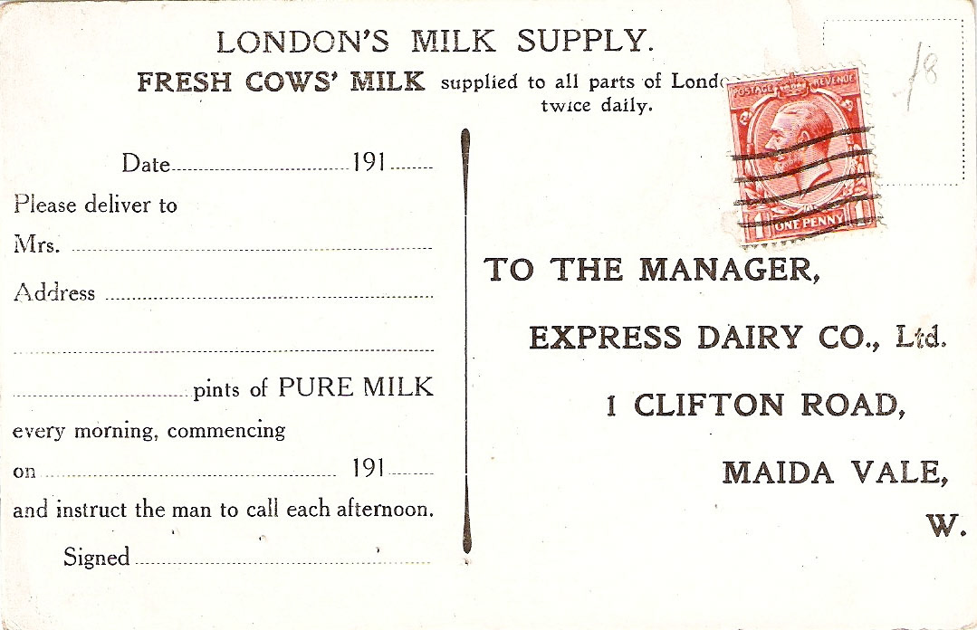 1910's Milk ordering postcard (Courtesy Paul Luke)