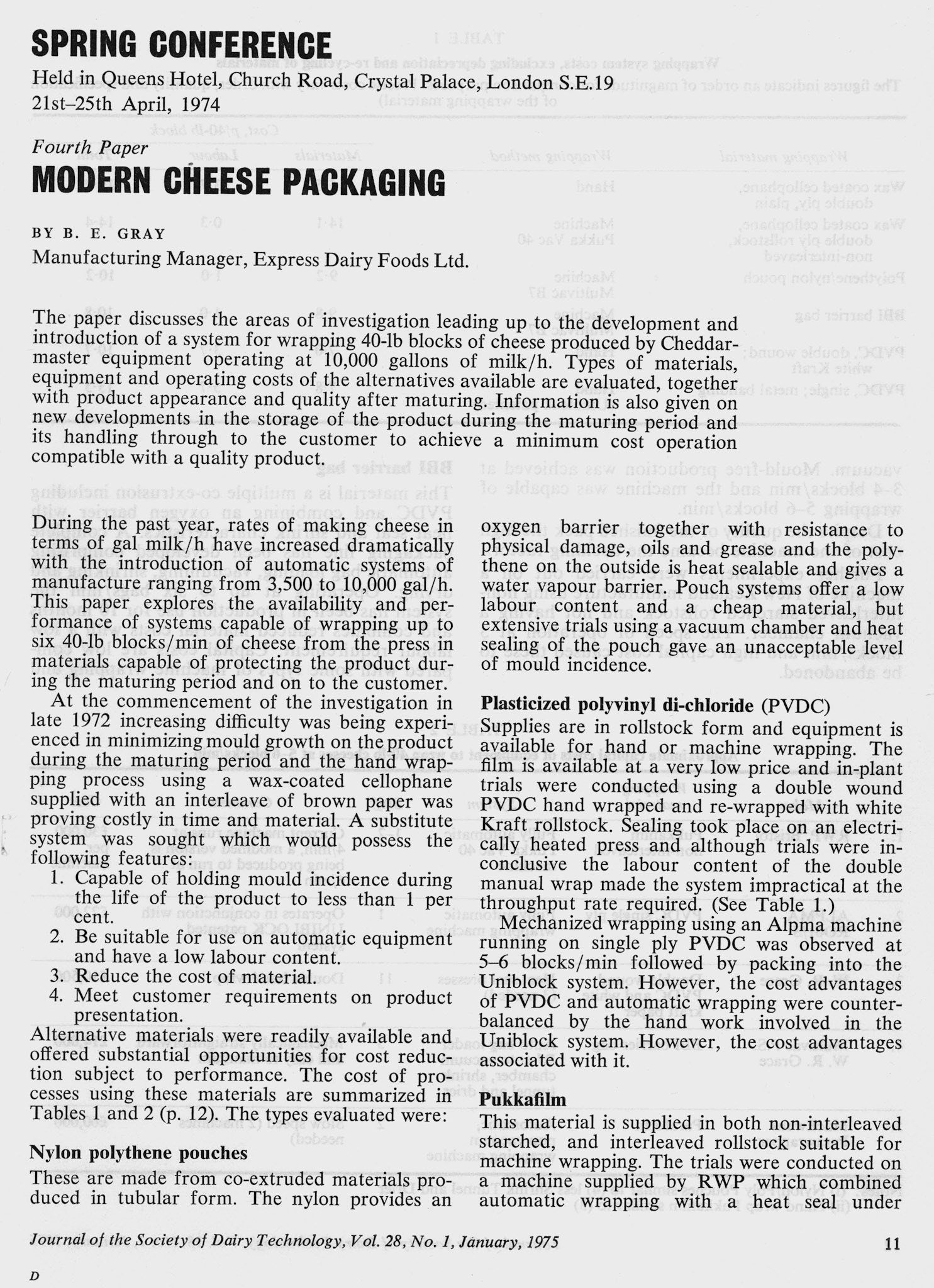 1974 Society of Dairy Technology Conference, Crystal Palace, London - paper presented by Brian Gray as Manufacturing Manager of Express Dairy Foods Ltd (Courtesy Tim Gray)