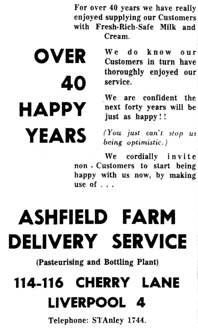1964 Ashfield Farm Dairy celebrates 40 years. (Courtesy Liverpool Daily Post - Thursday 16 July)