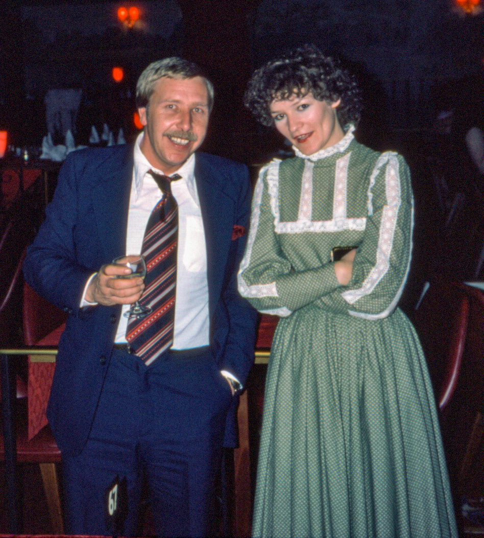 1980 South Morden-Dairy Re-equip staff celebration at Lakeside, Camberley-'Chalky' White and Jane Roper (Express Dairy Tales collection)