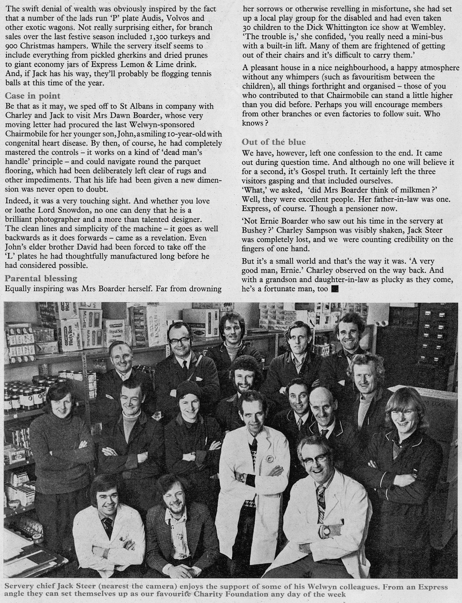 1976 Welwyn retail depot charity raising money to buy 'Chairmobiles' - Jack Steer (servery chief) with Welwyn colleagues.