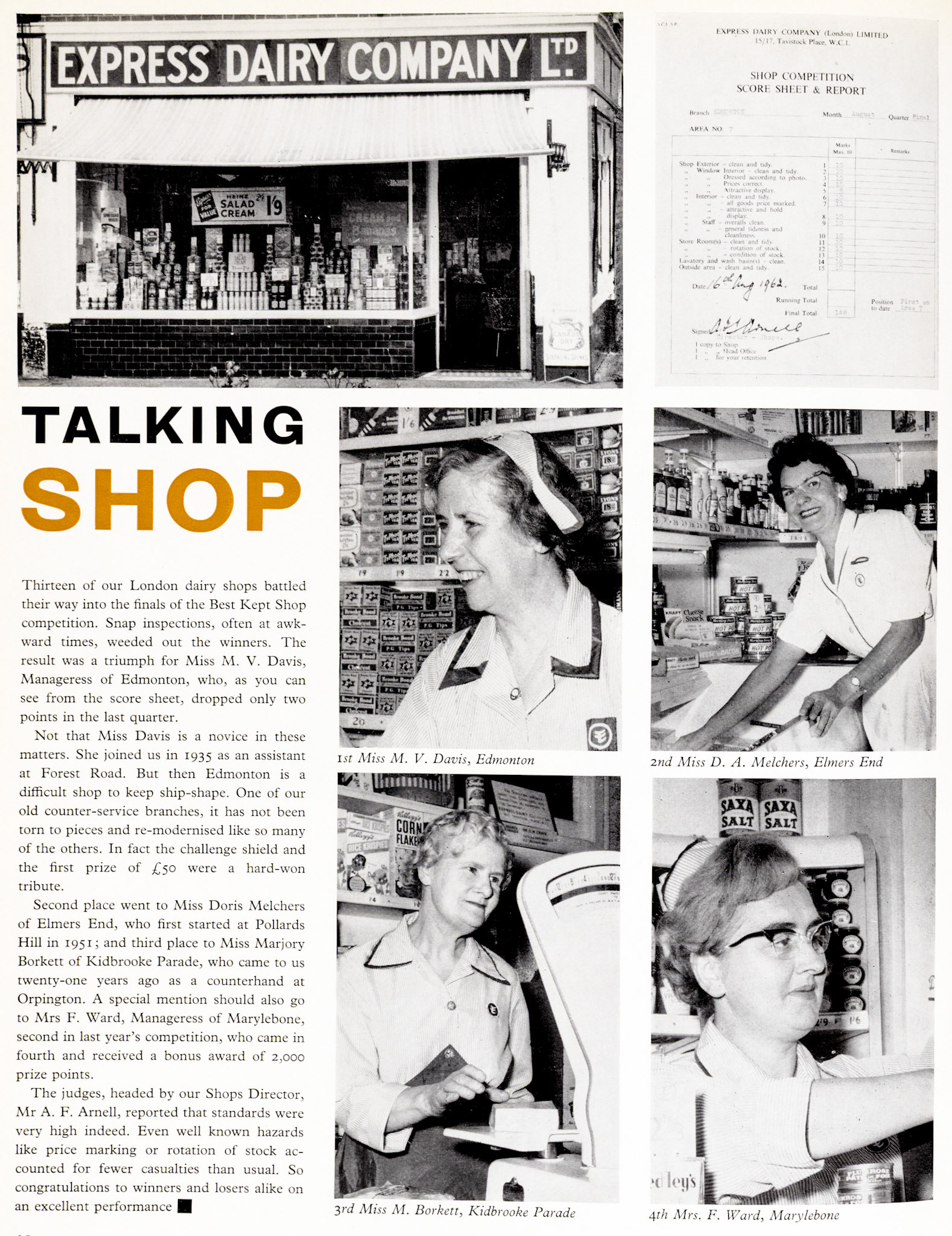 1962 London Shops 'Best Kept Shop' competition winners at Edmonton, Elmers End, Kidbrooke Parade and Marylebone. Judged by Shops Director Mr A.F. Arnell. (Express News Autumn)