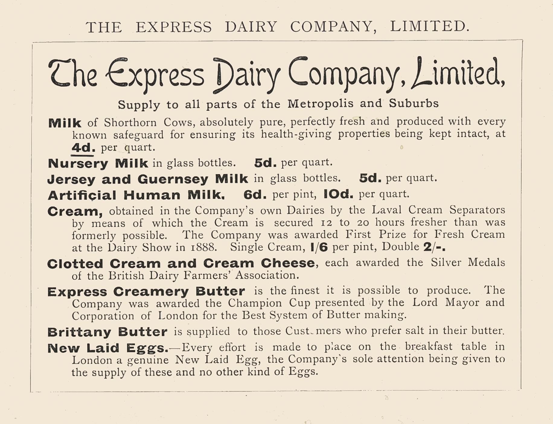 1893 Dairy produce on offer, from 'Souvenir from Finchley' (Courtesy Brian Wastell)