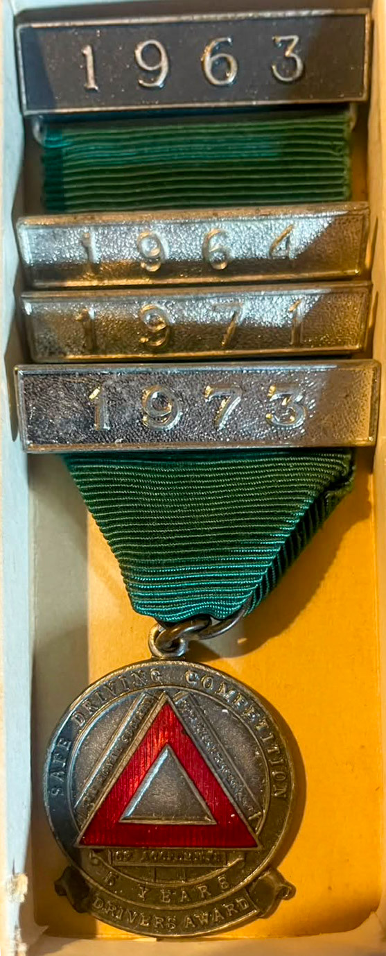 1963-1973 Glyn Connett's safe driving awards. J. Connett comments "My dad was at Cricklewood but I guess the competition/awards was at Ruislip." (Courtesy J. Connett)