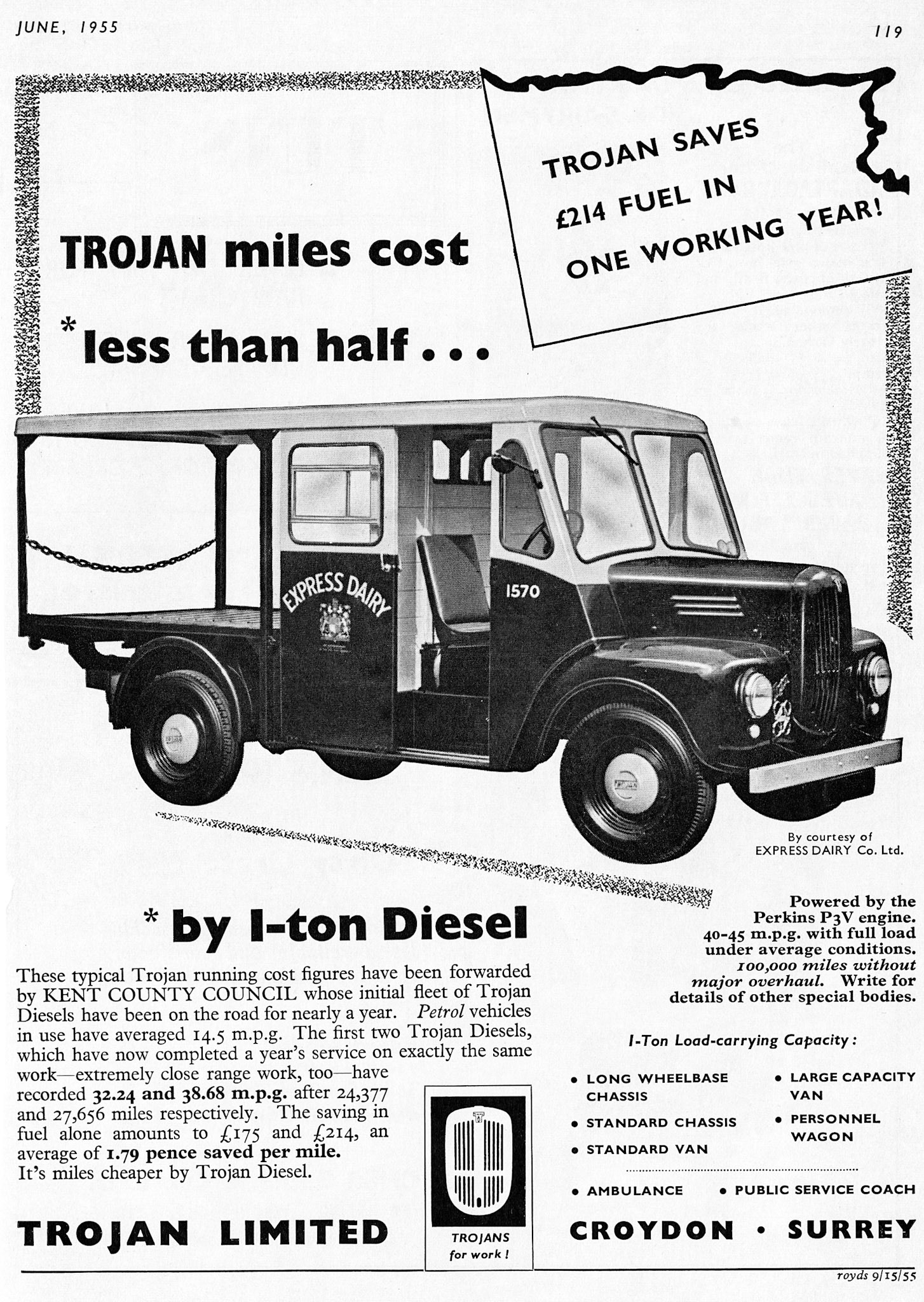 1955 Trojan advertisement featuring Express diesel float, Co: 1570. (Courtesy Paul Luke)