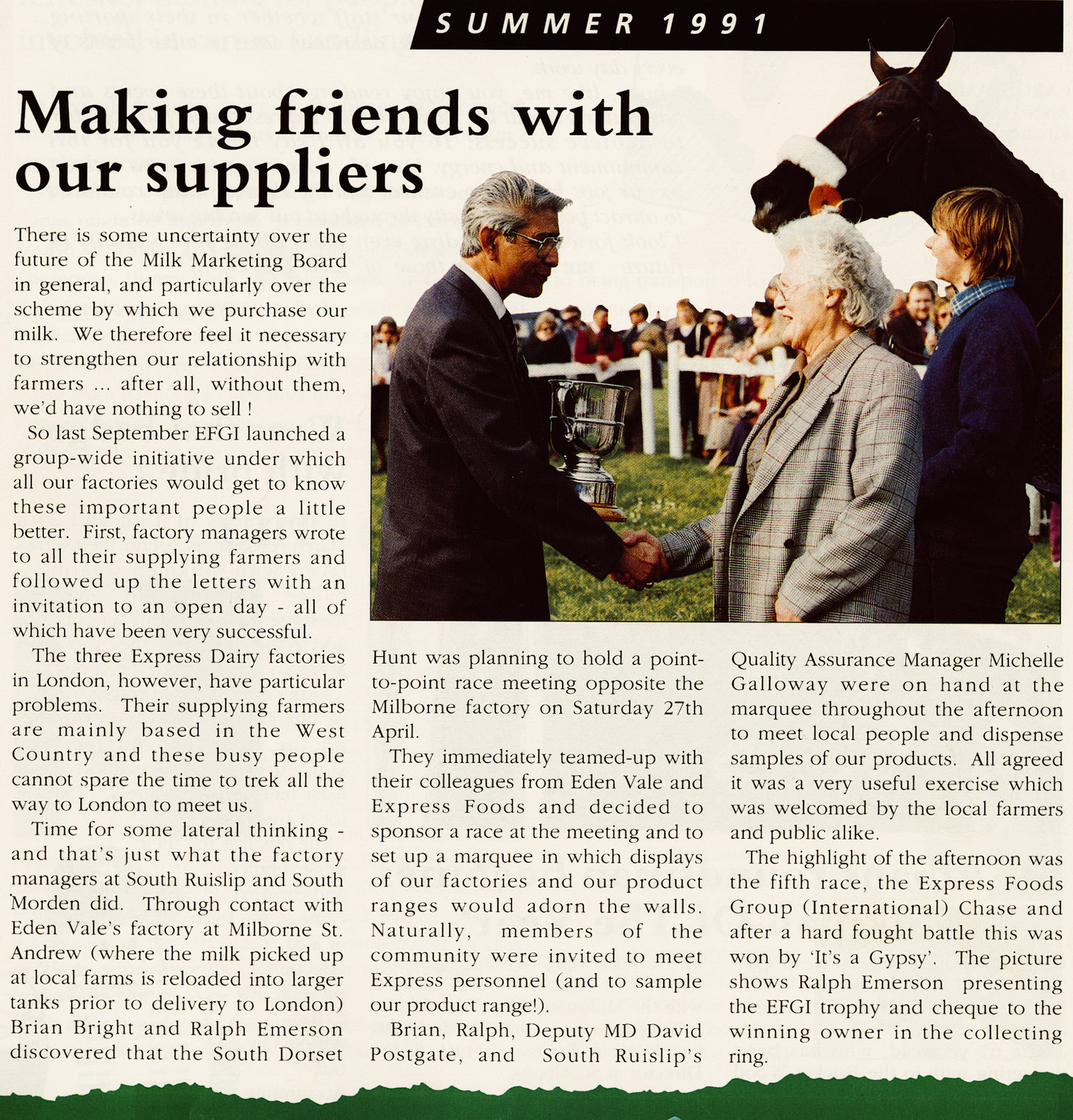 1991 Ralph Emerson, David Postgate and Michelle Gilloway down on the farm, meeting farmer suppliers (1991 Summer Tops Magazine)