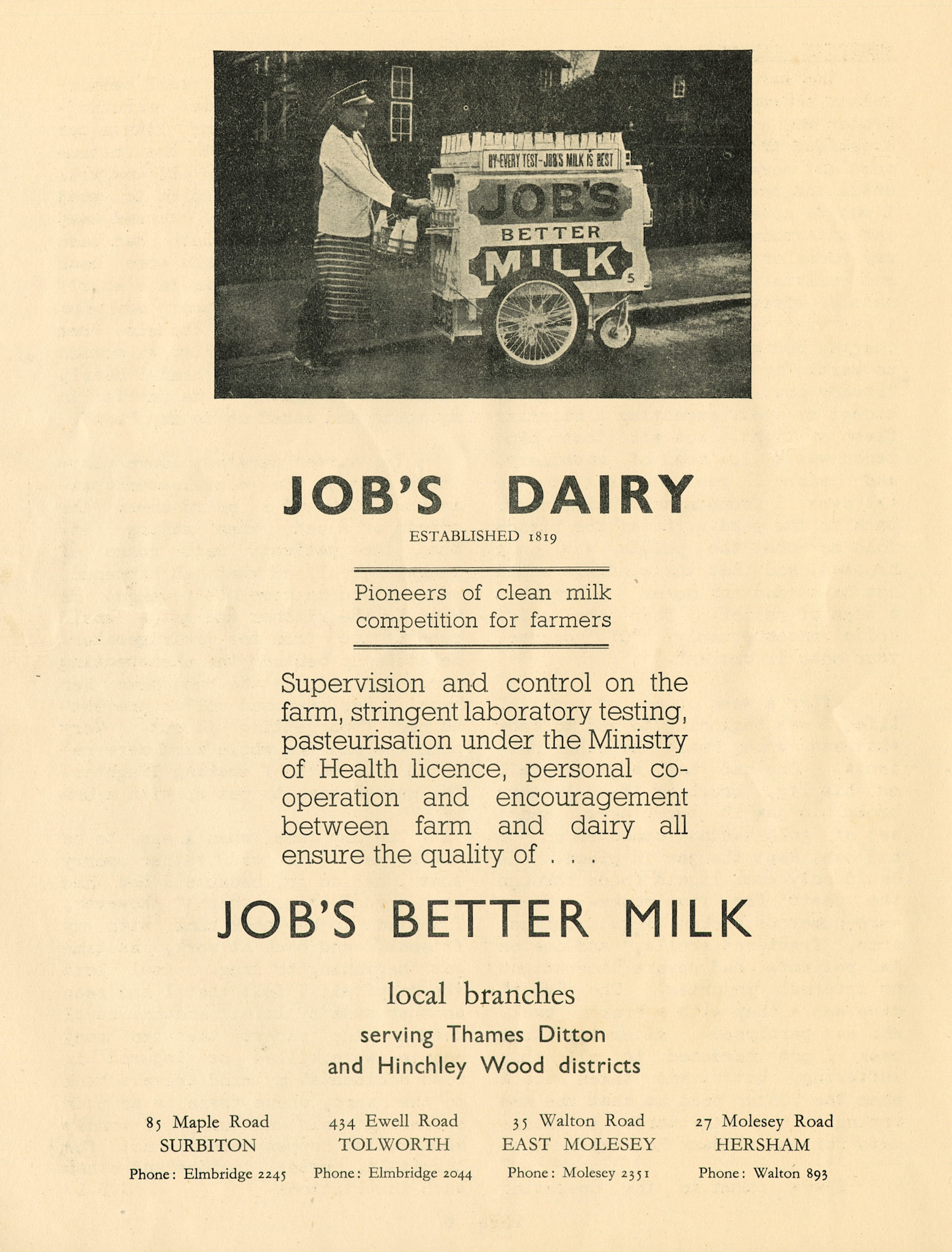 1939 'Milmarbo' in-house magazine, edition 4, published at the outbreak of WWII when staff were preparing to move to the newly constructed Thames Ditton HQ. Job's Dairy Advert. (Express Dairy Tales publication)