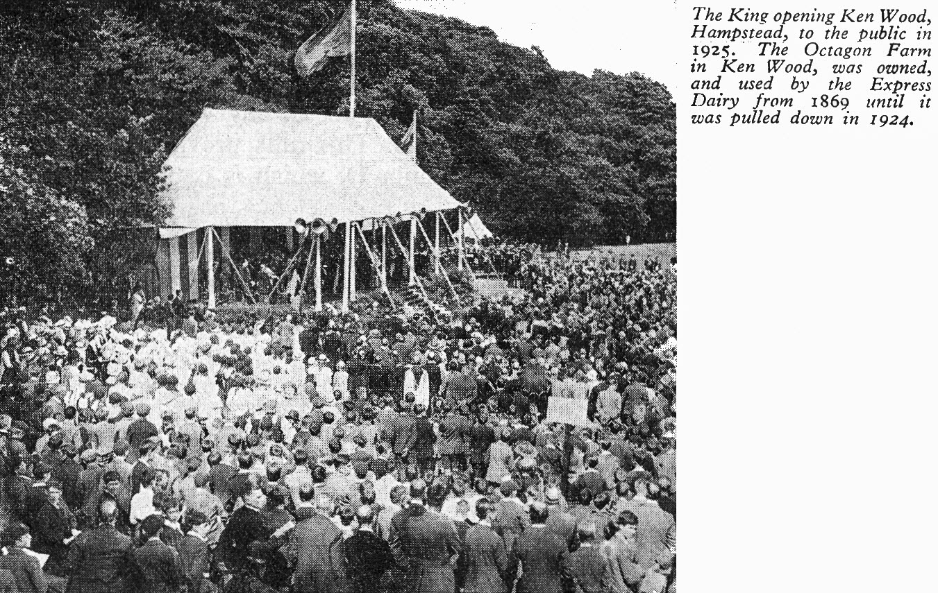 1925 opening by King George V of Ken Wood, Hampstead, site of the Octagon Farm. Ken Wood was owned and used by Express from 1869. (From 1935 May-Dairymaid Magazine 47-Edited Highlight -Express Dairy Tales Archive)