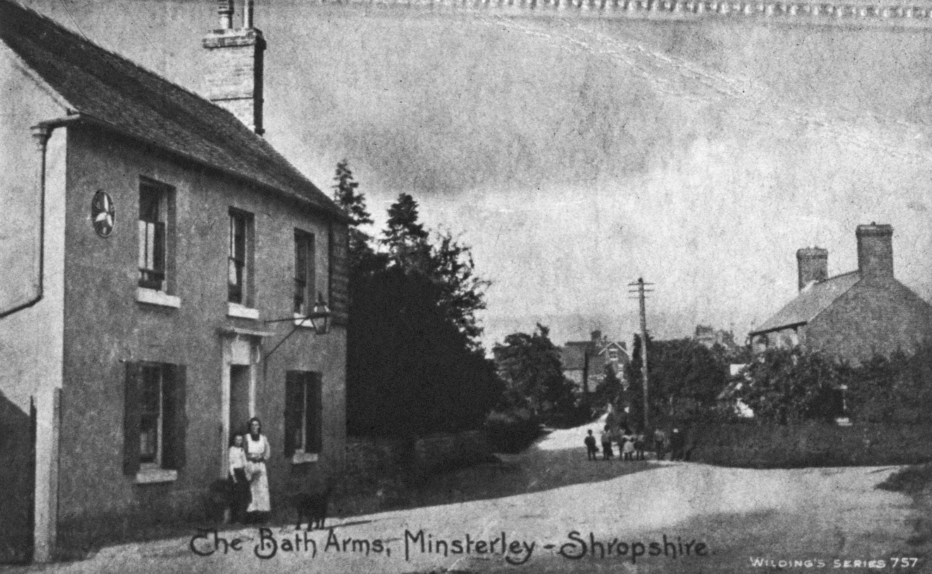 The house on the right was built by my great-grandfather and was called Station Villa (now Pear Tree cottage); the young girl in white in the group walking down the road is my grandma, Majorie Gornall. The house was built by my great grandad Robert Gornall, who is buried in Minsterley churchyard." (Joe Lyons 35mm slides)