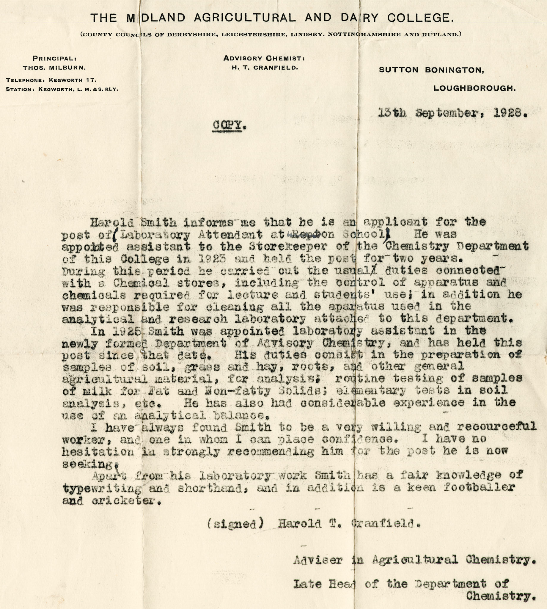 1930 Ruyton Co-operative Dairies-Cheesemaker Job Applications-Mr Harold Smith