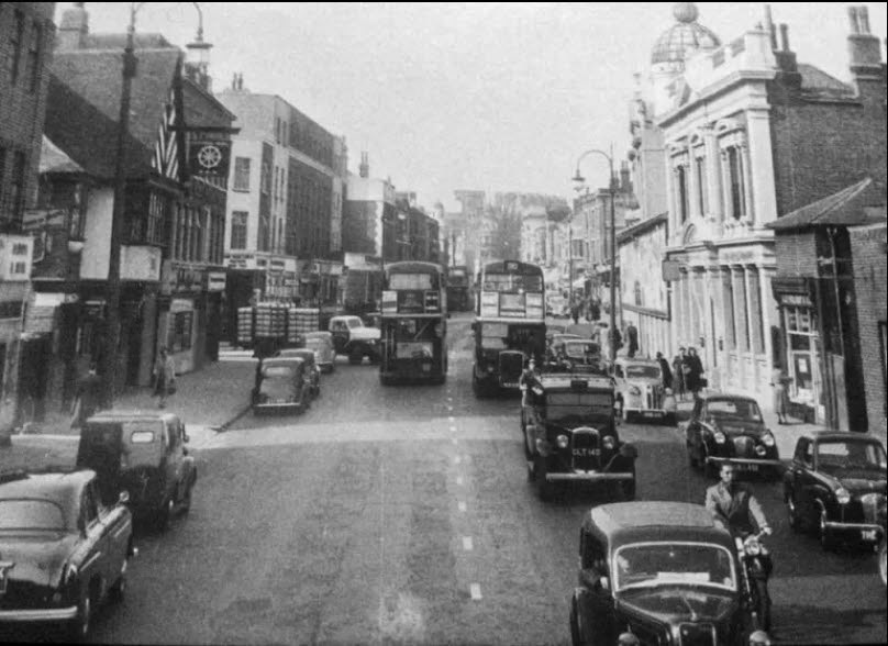1950's Croydon High Street with Express Delivery Truck. Allan Dawes suggests "As it's got milk on, it must be backing into the depot. The left side of the road is still the same but right side has all gone". (Courtesy Inside Croydon)