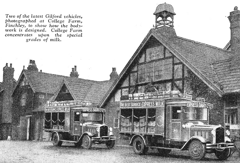 1931 'Commercial Motor' article-'Remarkable Road Transport operation of Express Dairy'. Gilford trucks at College Farm, Finchley. (Courtesy Commercial Motor archive)