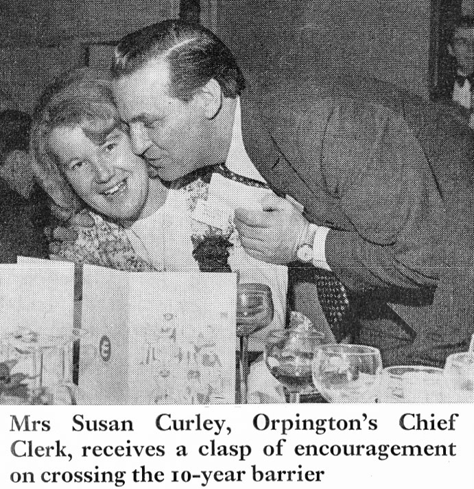 1973 Orpington Chief Clerk Mrs Susan Curley is thanked for 10 years service by Bob Nast. Hilary Bowyer/ McCluskey comments in 2024 "I am still in touch with Sue but sadly, her sister Jenny, who I knew as a 2nd Clerk at Bromley, died about a year ago. Sue was sent into Shirley Depot when it was purchased from ‘Bowyers’ to convert us to the Express accounting procedure. It was Sue who taught me to do Payroll, so I have much to thank her for!" (Express News Spring)