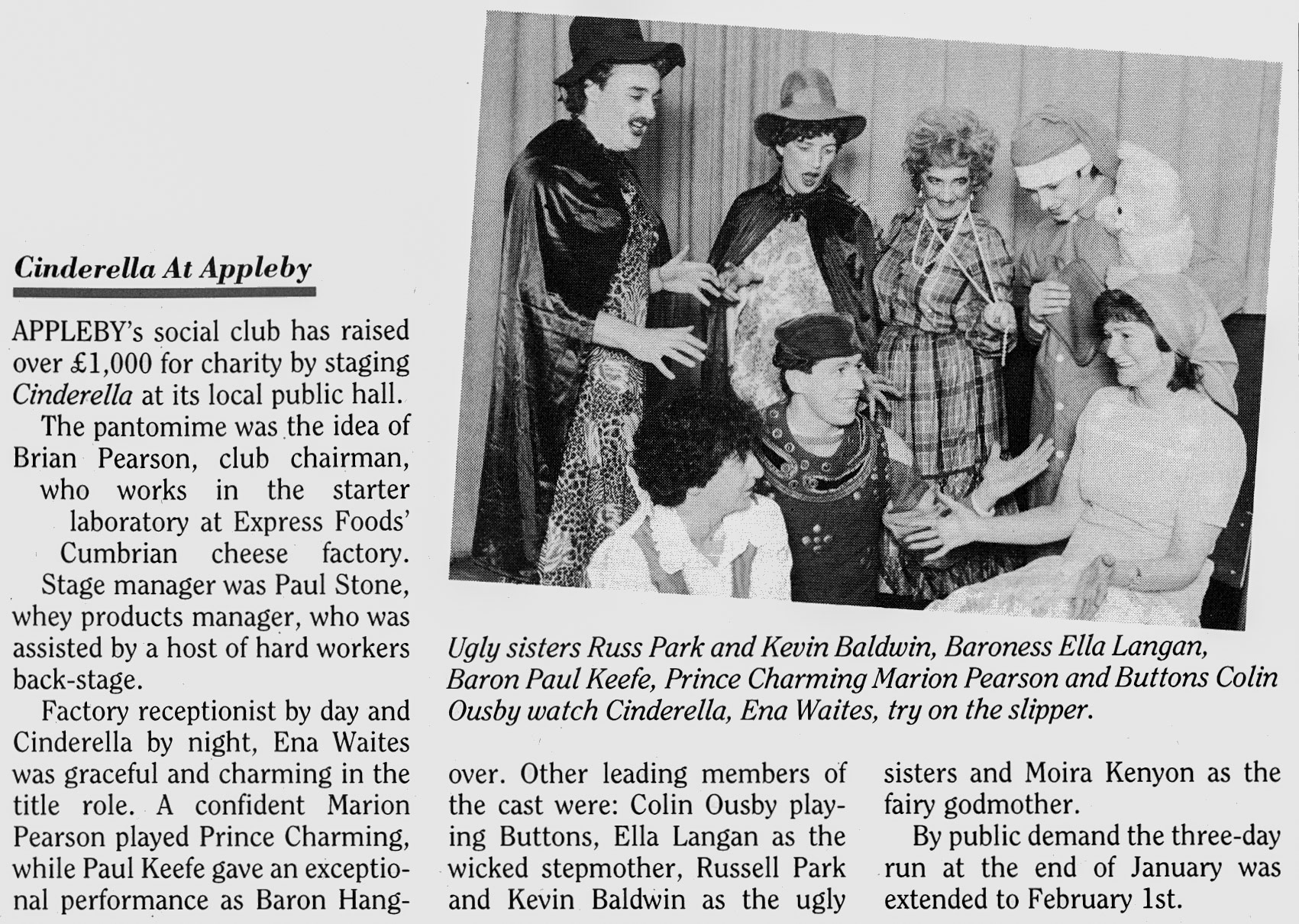1988 Appleby Social Club raises over £1000 for charity, with a performance of Cinderella. (August Express News)