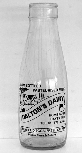 1960's? Dalton Dairy milk bottle, eBay. John Watton comments "I lived in Kingsway and Dalton's used to deliver milk every morning. The Dalton family are now at Copthall Farm, Brakespear Road South, Ickenham where they have a beef herd."