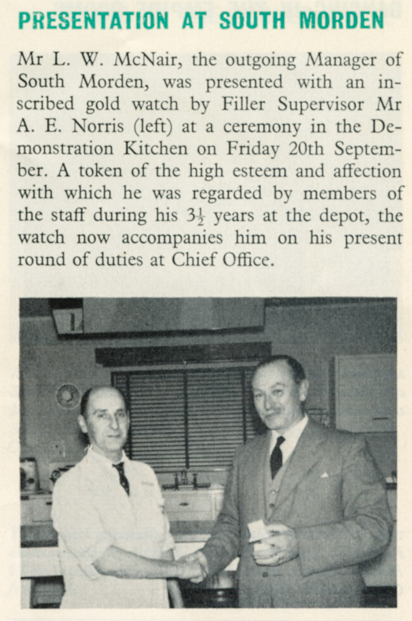 1957 Presentation to the outgoing manager L.W. McNair at South Morden