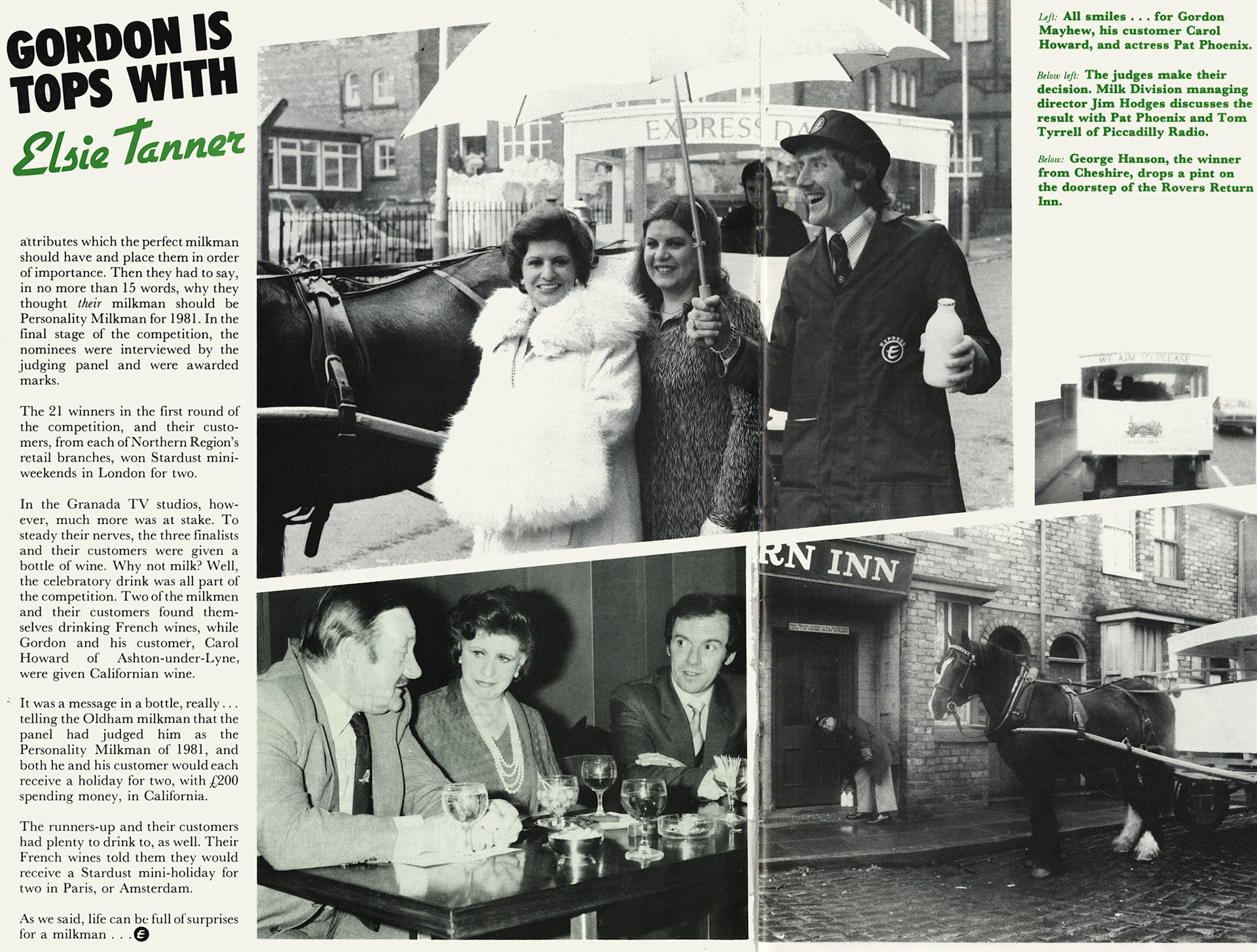 1981 Gordon Mayhew is Northern Region's 'Personality Milkman of the Year', with Pat Phoenix 'Elsie Tanner'. (Express News July)