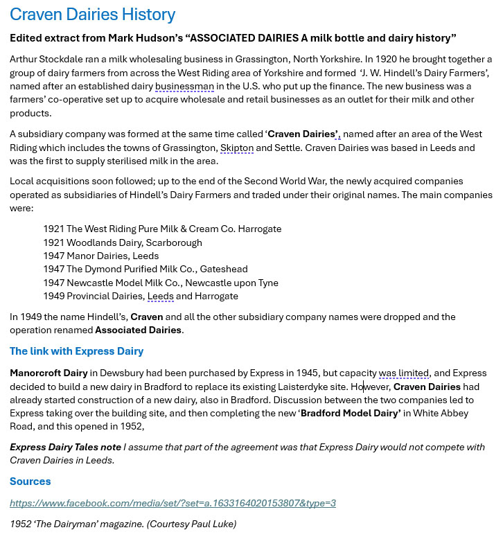 History of Craven Dairies and its association with Express Dairy. (Express Dairy Tales publication)