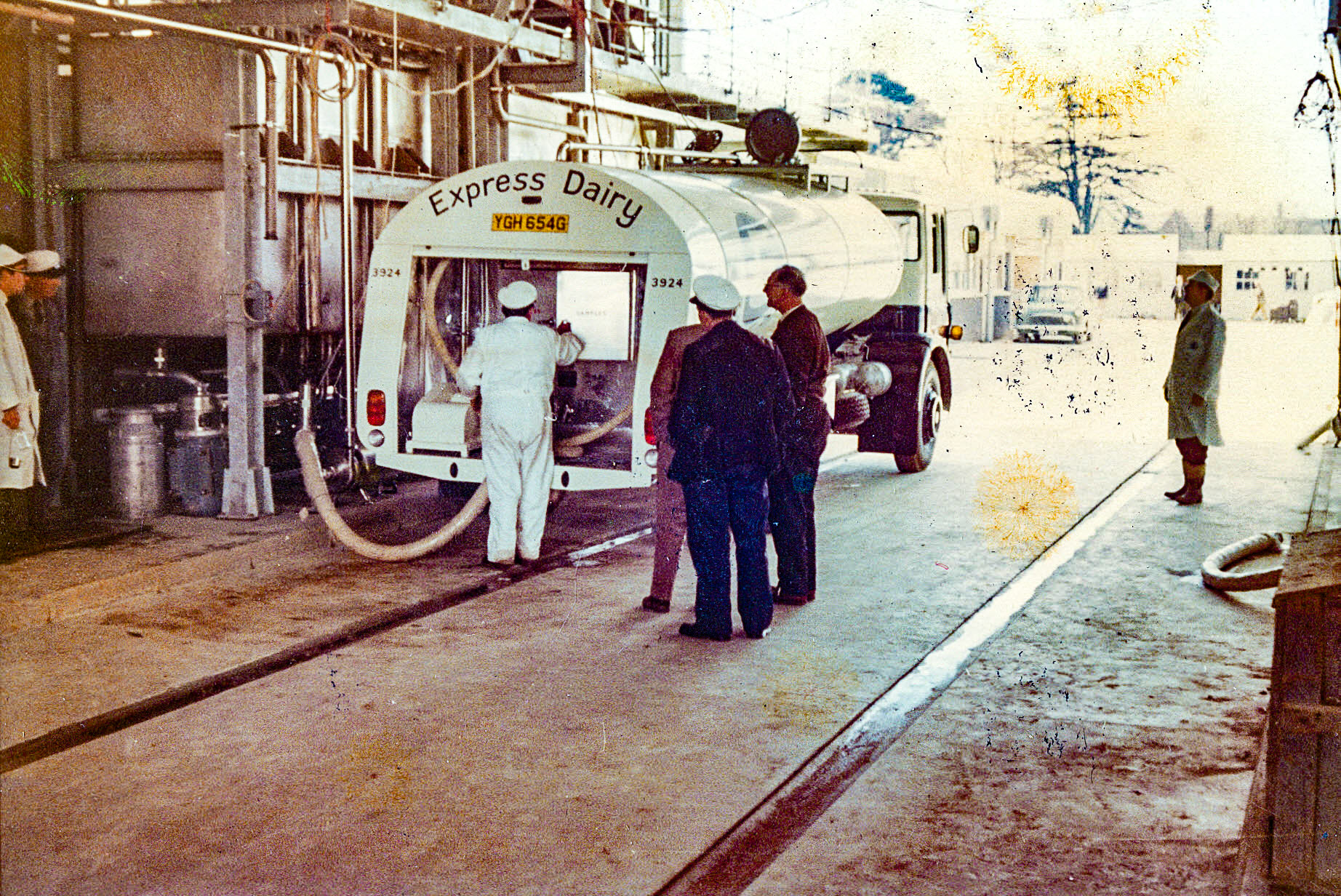 1969, 2nd April-First farm tanker discharging, YGH 654G, Co: 3924. (From 'A Photographic Record of the Construction of the Creamery' by Bill Wilson (Courtesy Allhallows Museum, Honiton)